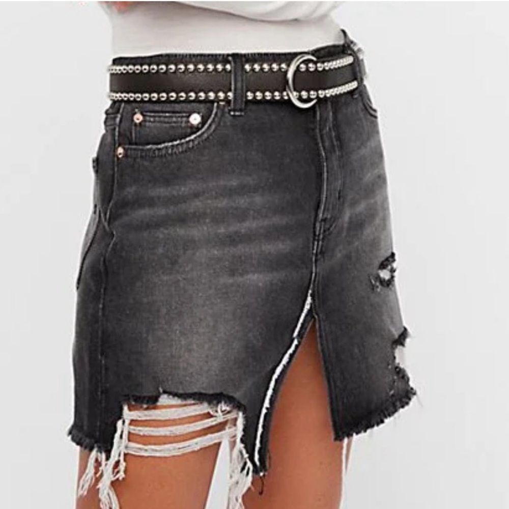 Free People Relaxed Distressed Charcoal Denim Skirt
